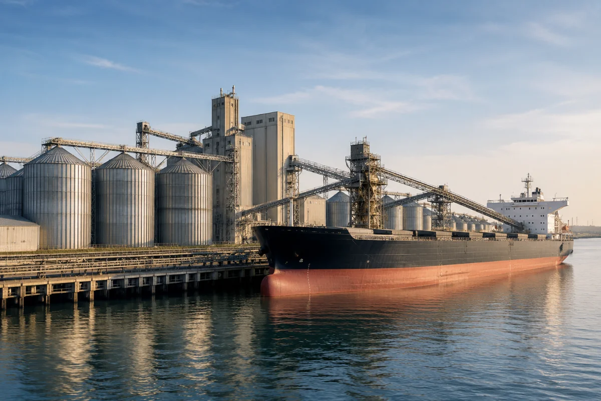 Grain and mineral export terminal — silos and bulk carrier