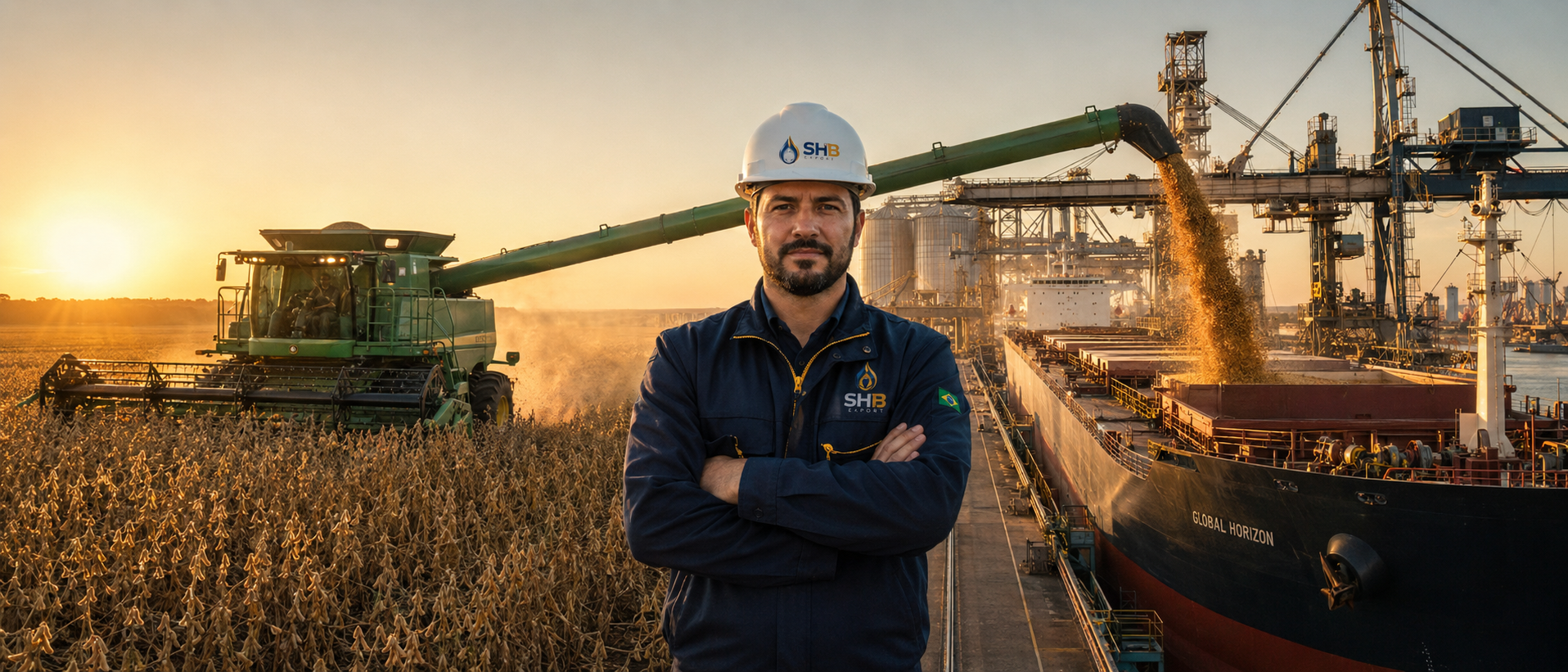 Brazilian agribusiness export operations — field, inspection, grain loading, bulk carrier
